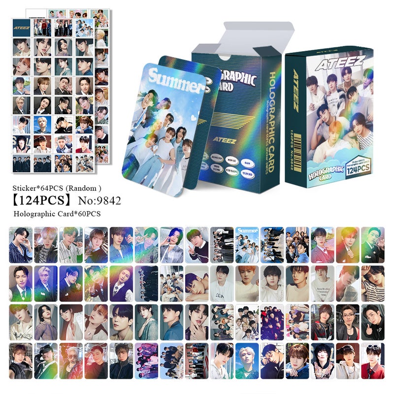ATEEZ 124PCS Holographic Cards & Star Stickers Set – 60PCS Holographic LOMO Cards + 64PCS Random Celebrity Stickers for DIY Scrapbooking, Album Decoration, Journaling, and Birthday Gift for Teens