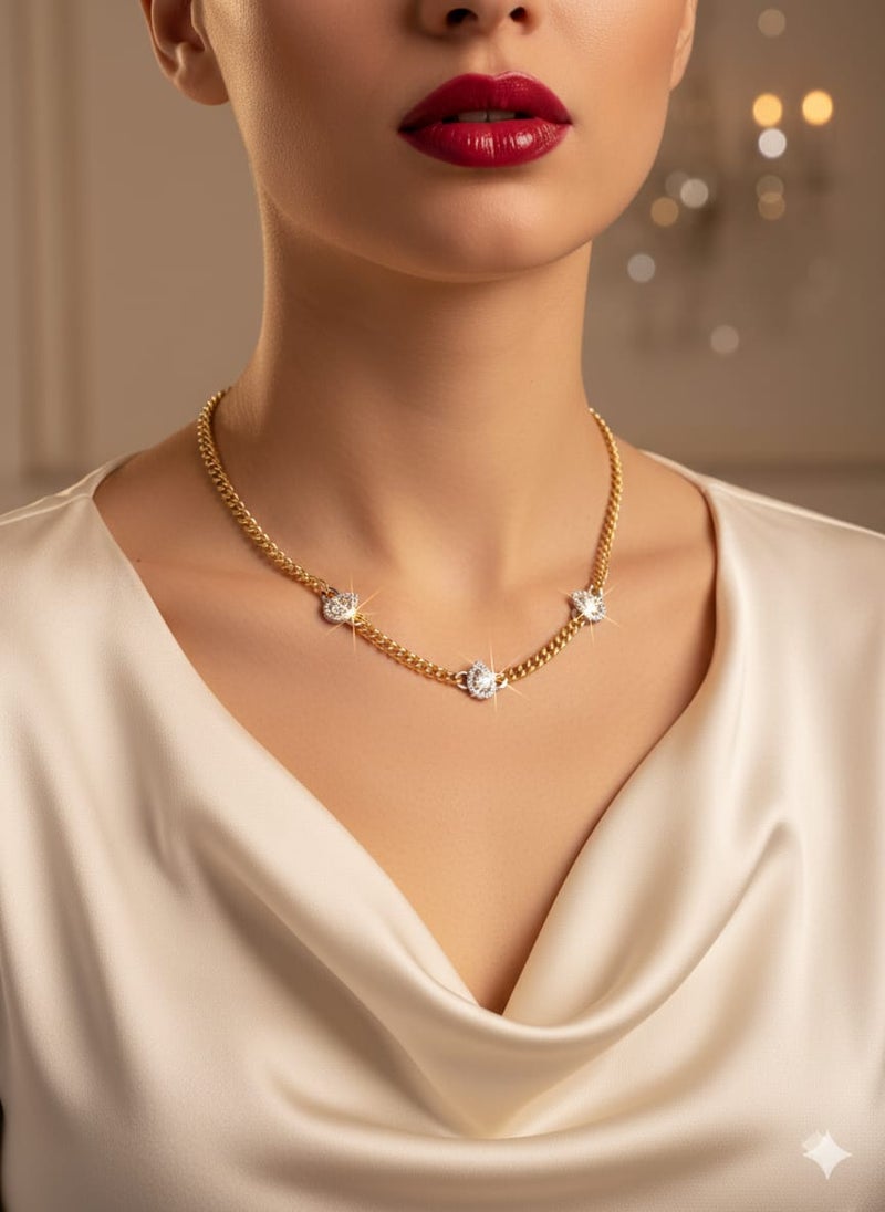 A necklace with a wide gold-plated chain, punctuated by three teardrop-shaped or pear-shaped pendants. Silver-tone polished links for adjustability. - Image 3