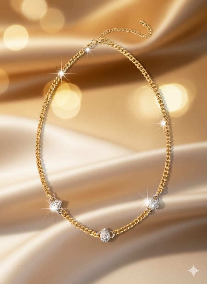 A necklace with a wide gold-plated chain, punctuated by three teardrop-shaped or pear-shaped pendants. Silver-tone polished links for adjustability. - Image 5
