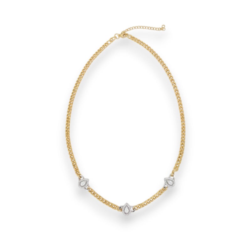 A necklace with a wide gold-plated chain, punctuated by three teardrop-shaped or pear-shaped pendants. Silver-tone polished links for adjustability. - Image 1