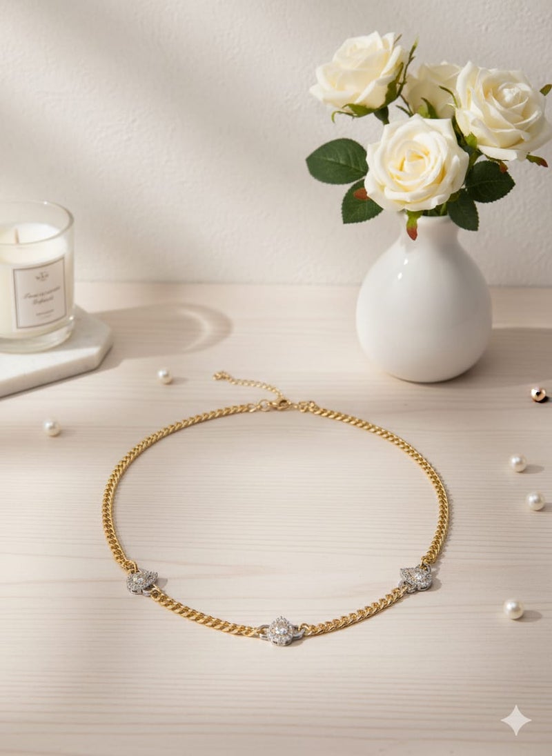 A necklace with a wide gold-plated chain, punctuated by three teardrop-shaped or pear-shaped pendants. Silver-tone polished links for adjustability. - Image 4