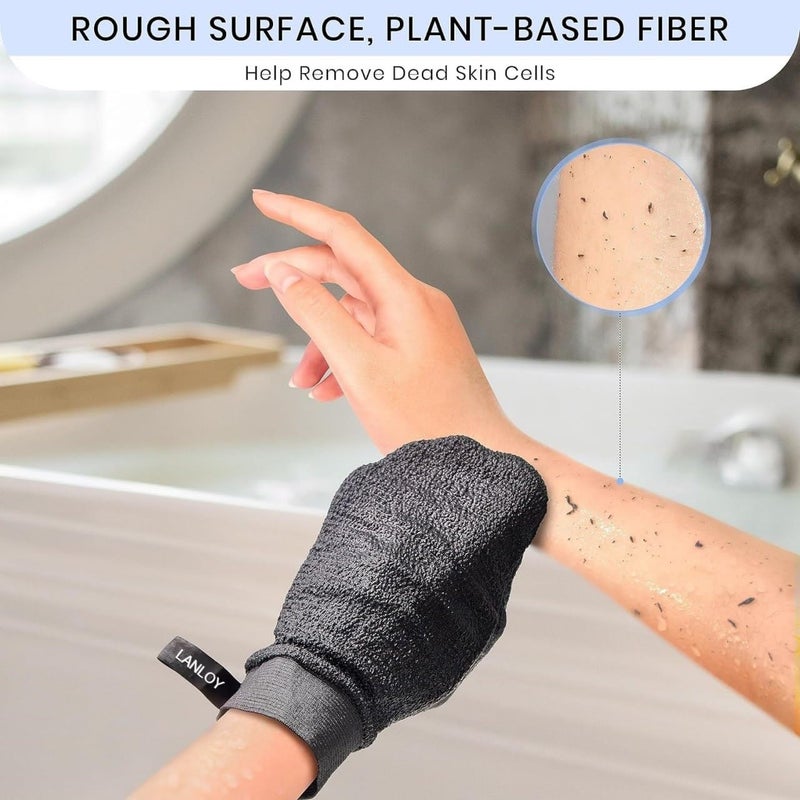 LANLOY 2pcs Exfoliating Gloves, Exfoliating Body Scrubber for Bath Shower Exfoliation, Body Scrub Exfoliator Loofah Sponge for Dead Skin Remover, Korean Exfoliating Mitt Black - Image 3