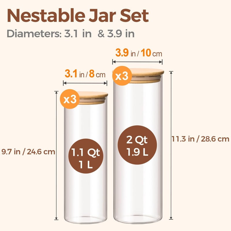 ComSaf Glass Food Storage Jars Set of 6, Tall Glass Storage Containers with Lids, Spaghetti Jar, Canisters Set for the kitchen, Pasta, Flour, Nuts, Oat, Coffee and Sugar Container, Pantry Organization - Image 2