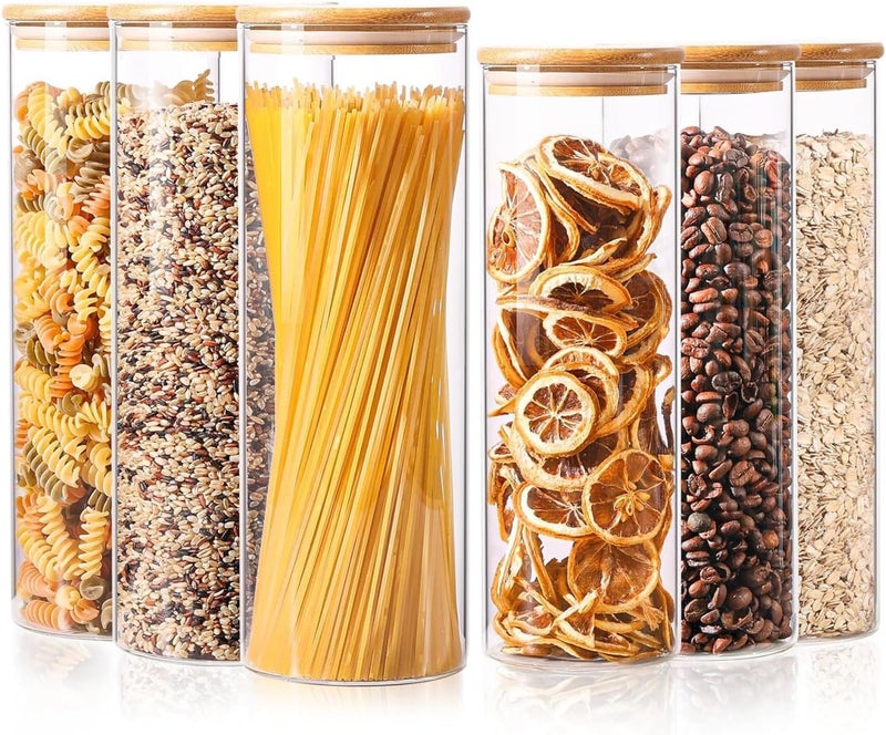 ComSaf Glass Food Storage Jars Set of 6, Tall Glass Storage Containers with Lids, Spaghetti Jar, Canisters Set for the kitchen, Pasta, Flour, Nuts, Oat, Coffee and Sugar Container, Pantry Organization - Image 1