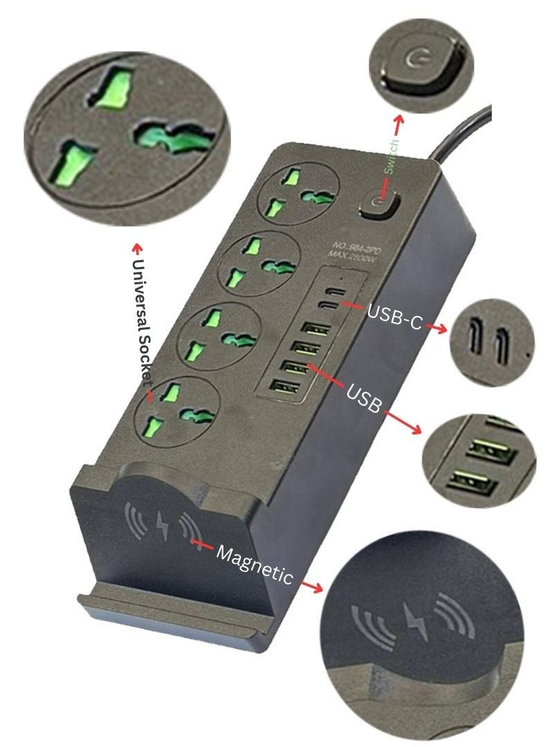 ALNAJM Lighting Power Strip with USB C, 4 Universal Outlets, 4 USB, 2 USB-C, 1 Magnetic Charger, 3M Extension Cord, Anti-Static & Anti-Flaming 850°C, Child Safety Door, Smart Chip Surge Protector  - Image 2