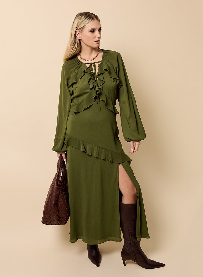 Little Mistress Ruffle Detail Puff Sleeve Maxi Dress - Image 1