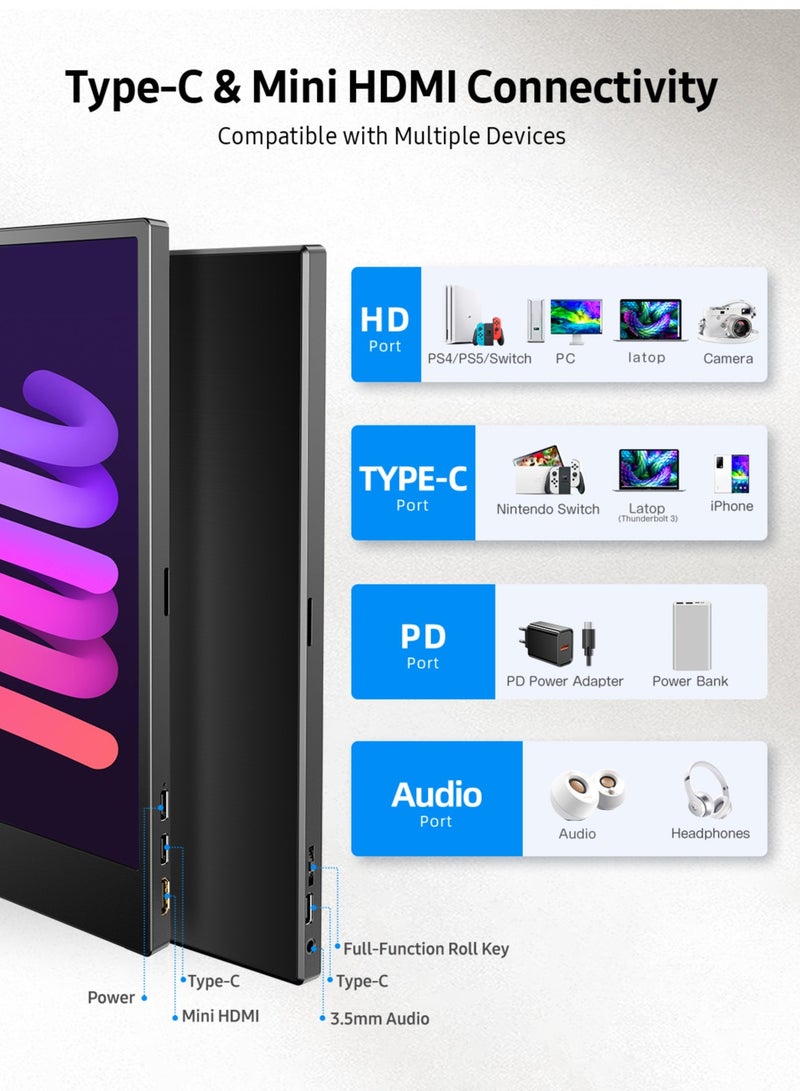 أوبيرفكت شاشة محمولة مقاس 15.6 بوصة متعددة اللمس بالسعة 1920 × 1080 FHD IPS IPS USB C ومنفذ HDMI صغير للكمبيوتر المحمول/الهاتف/وحدة التحكم في الألعاب، قابلة للتركيب VESA - Image 4