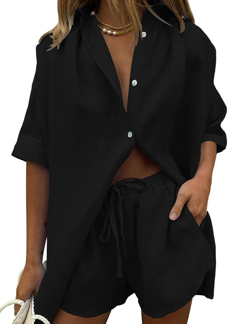 Fixmatti Women Short Sleeve Collar Button Down Shorts Two Piece Set Casual Cardigan Shorts Outfits Tracksuit Black XL - Image 1