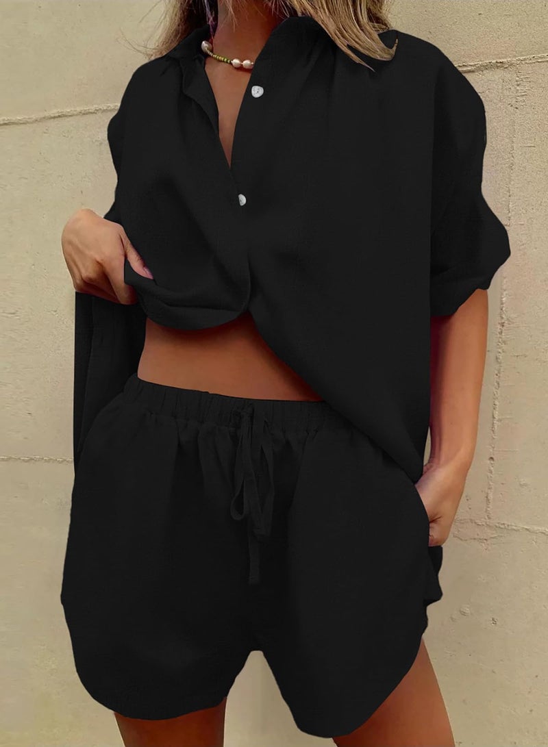 Fixmatti Women Short Sleeve Collar Button Down Shorts Two Piece Set Casual Cardigan Shorts Outfits Tracksuit Black XL - Image 3