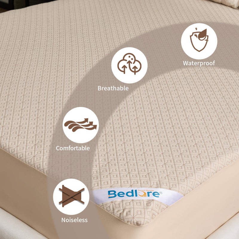 BEDLORE King Size Mattress Protector, Waterproof Noiseless Mattress Cover with Stretchable Pockets for 6-15 inches Mattress, Soft Breathable Mattress Pad for College Dorm (Beige) - Image 3