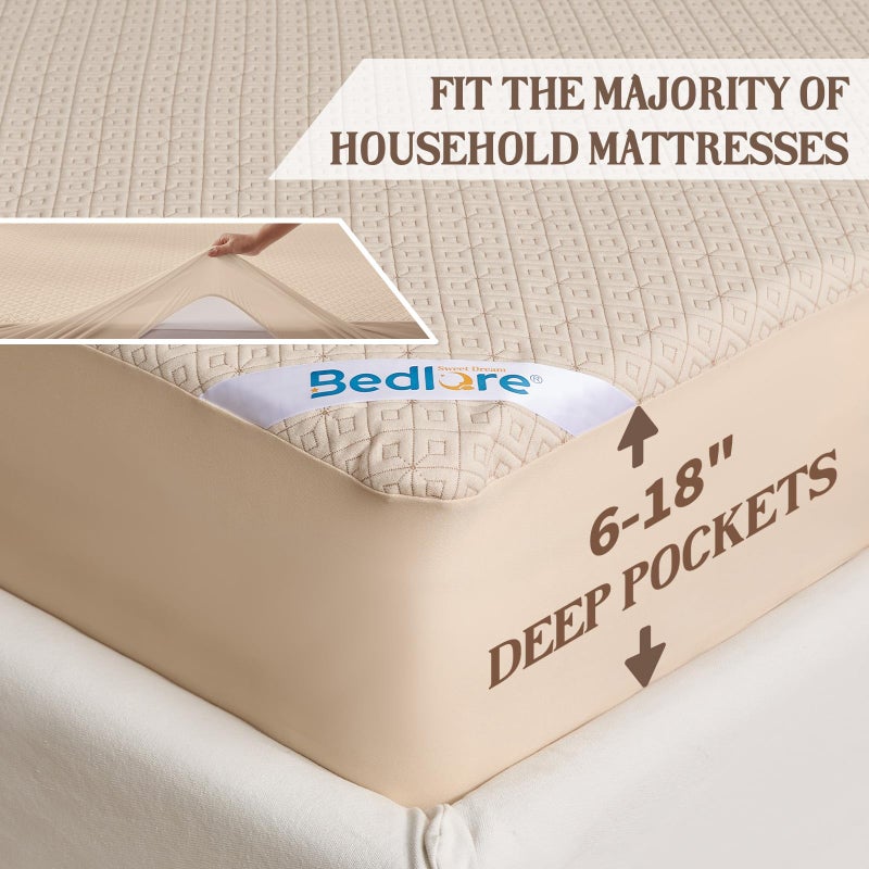 BEDLORE King Size Mattress Protector, Waterproof Noiseless Mattress Cover with Stretchable Pockets for 6-15 inches Mattress, Soft Breathable Mattress Pad for College Dorm (Beige) - Image 5