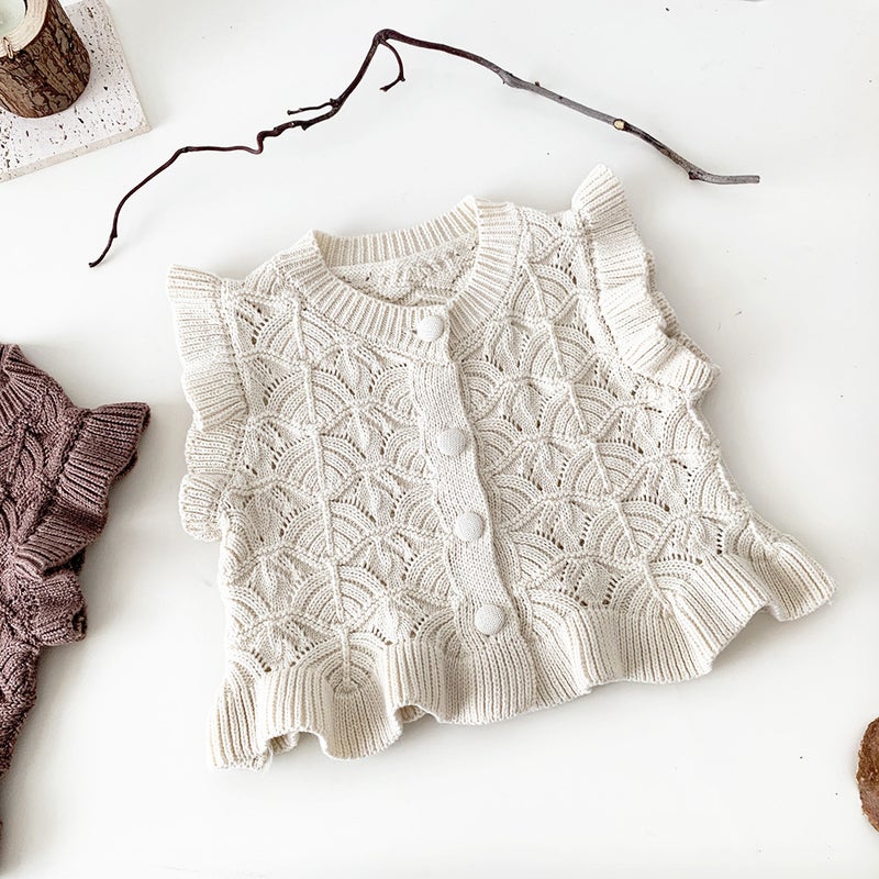Cutemily spring and autumn cotton baby girls hollow wool cardigan Vest Womens lotus leaf retro short vest Beige presale 