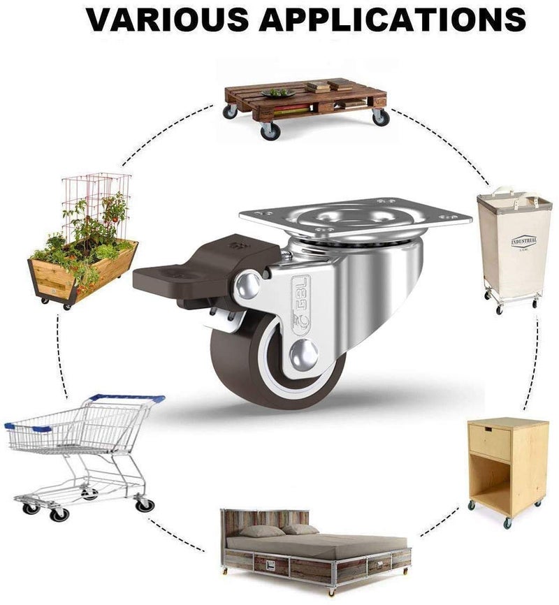 GBL 1" inch Small Caster Wheels with 4 Brakes + Screws - 90Lbs - Low Profile Castor Wheels with Brakes - Set of 4 No Floor Marks Silent Casters - Mini Wheels for Cart - Image 4