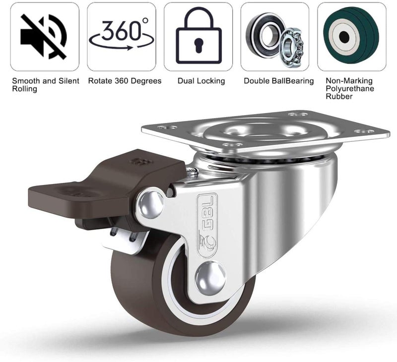GBL 1" inch Small Caster Wheels with 4 Brakes + Screws - 90Lbs - Low Profile Castor Wheels with Brakes - Set of 4 No Floor Marks Silent Casters - Mini Wheels for Cart - Image 3