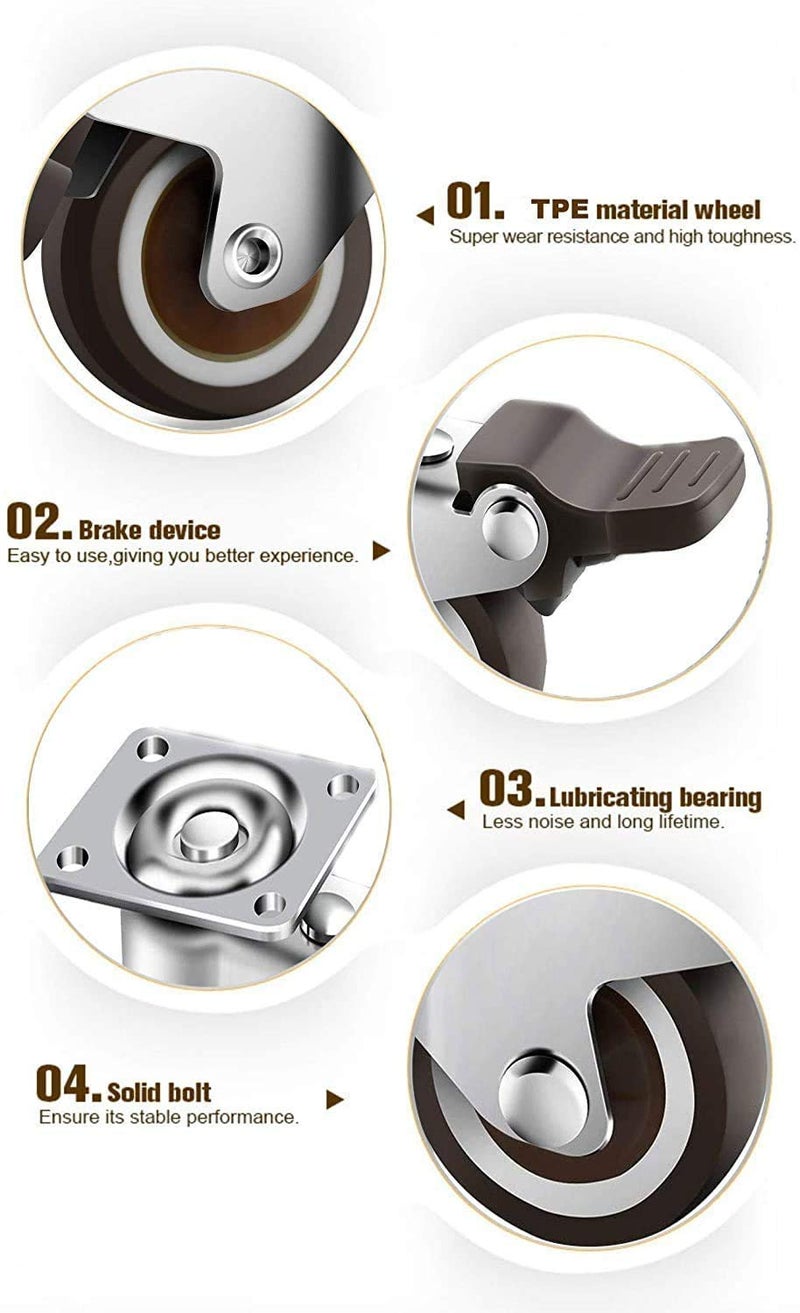 GBL 1" inch Small Caster Wheels with 4 Brakes + Screws - 90Lbs - Low Profile Castor Wheels with Brakes - Set of 4 No Floor Marks Silent Casters - Mini Wheels for Cart - Image 5