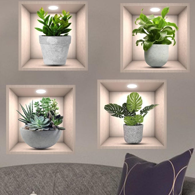 4 PACK 3D GREEN PLANTS WALL STICKERS BOTANICAL PLANTS WALL DECALS FOR BEDROOM LIVING ROOM KITCHEN