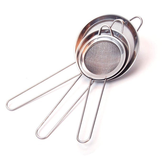 3 PACK 38 32 28 DIAMETER STAINLESS STEEL FINE MESH STRAINER WITH STURDY HANDLE AND HOOK