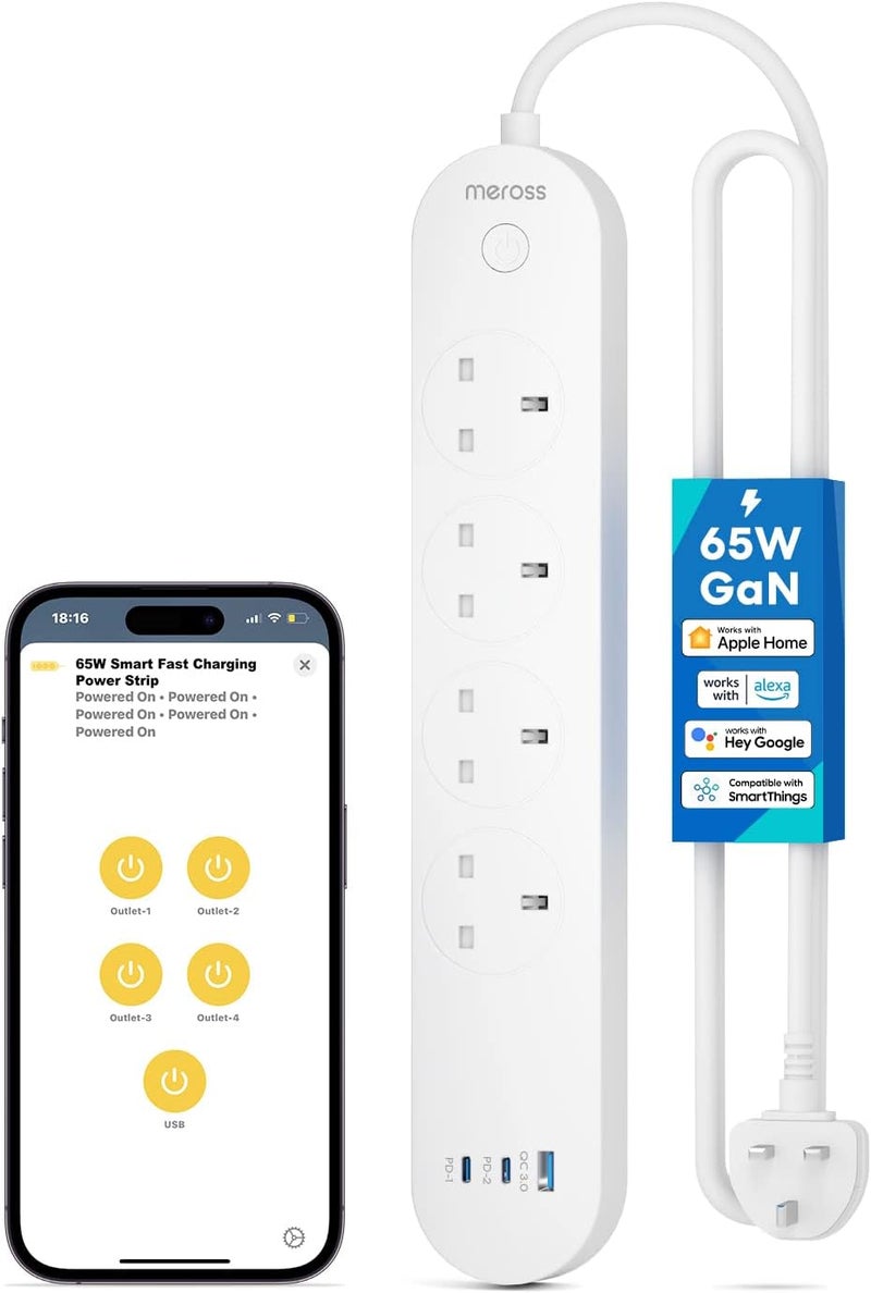 meross Smart Power Strip, 65W GaN Fast Charger, 4 Outlet + 2 USB C + 1 USB A, WiFi Plug with 2 PD Ports, Support Apple HomeKit, Alexa, Google Home and SmartThings, Voice/Remote Control, 2.4GHz Only - Image 1