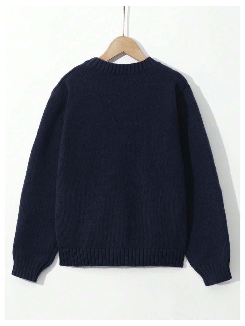 Verdusa Girl's American Flag Print Pullover Sweaters Round Neck Long Sleeve Knit Top Royal Blue 11 Years - Image 2