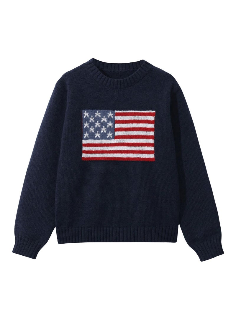Verdusa Girl's American Flag Print Pullover Sweaters Round Neck Long Sleeve Knit Top Royal Blue 11 Years - Image 1