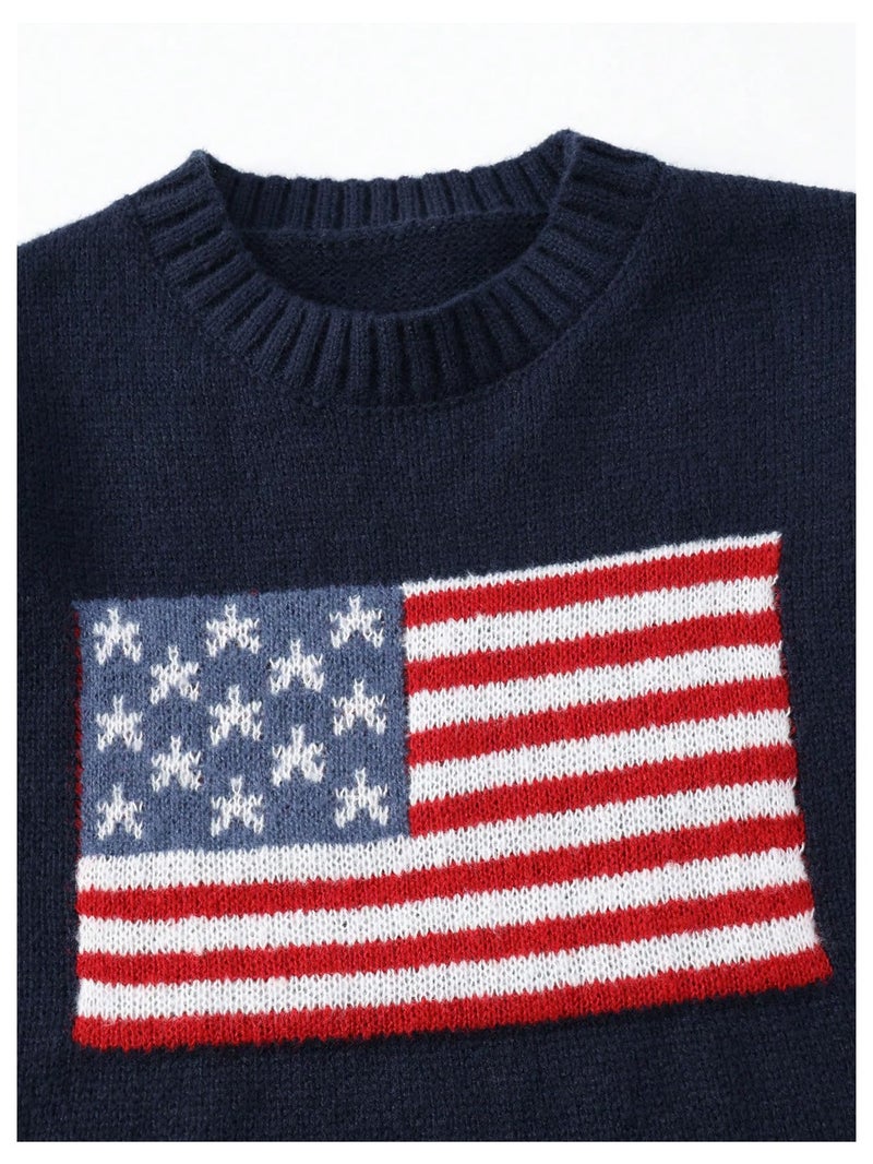 Verdusa Girl's American Flag Print Pullover Sweaters Round Neck Long Sleeve Knit Top Royal Blue 11 Years - Image 3