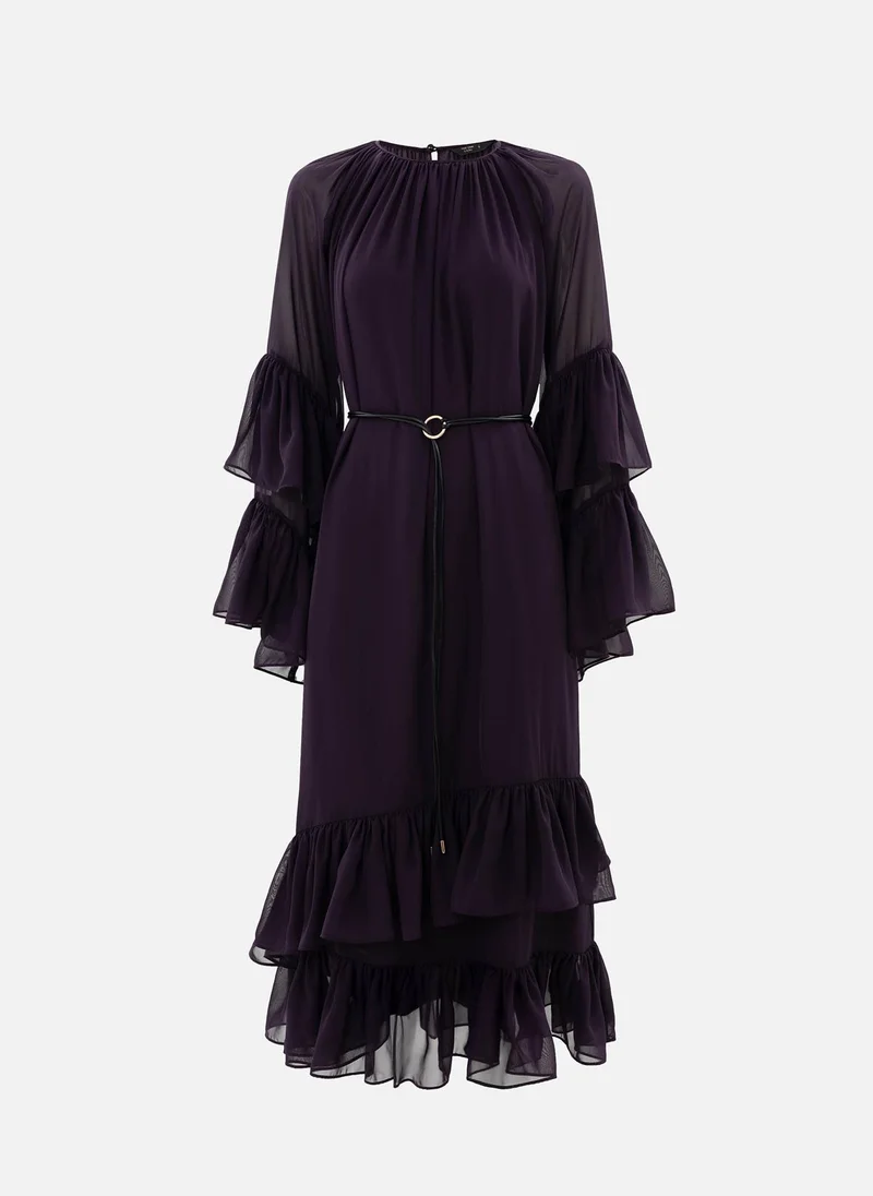 Lichi Chiffon midi dress with voluminous ruffles and eco-leather belt