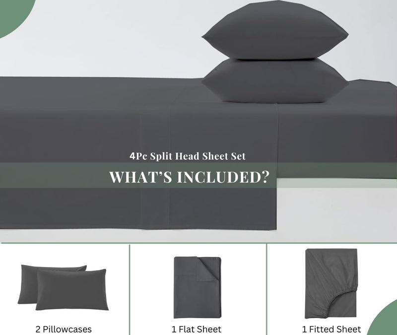 NON Sticky cotton Top Split King Sheets for Adjustable & Sleep Number Beds  Deep Pocket  34"" Top King Sheets  400 Thread Count 100% Cotton  Flex Top  Dark Grey Solid  - Image 2