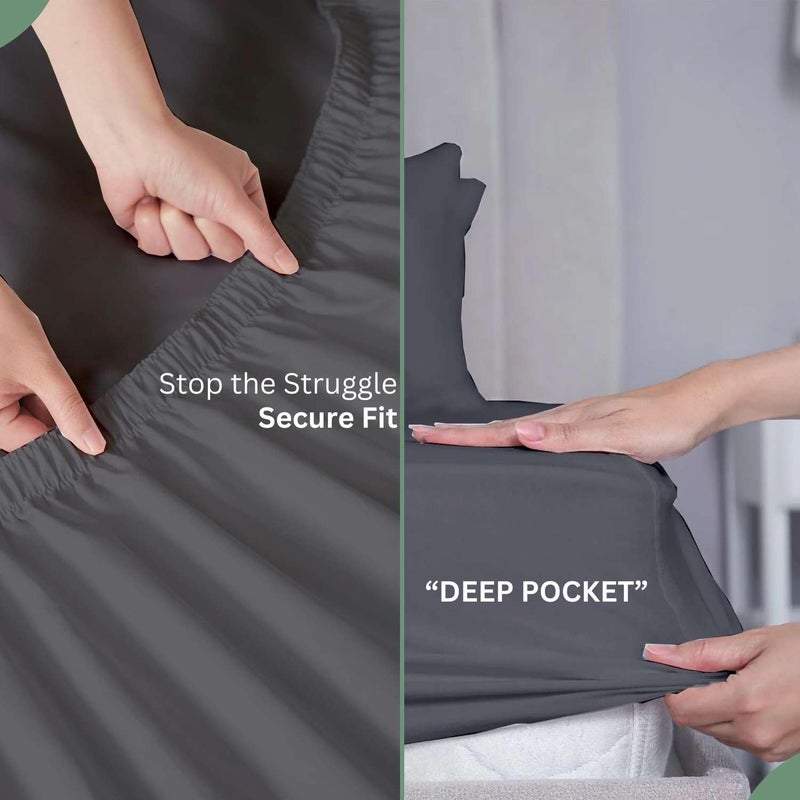 NON Sticky cotton Top Split King Sheets for Adjustable & Sleep Number Beds  Deep Pocket  34"" Top King Sheets  400 Thread Count 100% Cotton  Flex Top  Dark Grey Solid  - Image 3