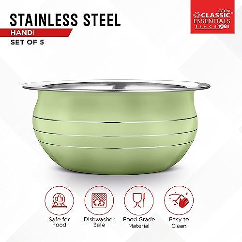 Classic Essentials Stainless Steel Handi/patila/bhagona/biryani Cook & Serve Handi | Induction Bottom Cookware Set | 300ml, 550ml, 750ml,1100, 1500ml (Light Green) - Image 2