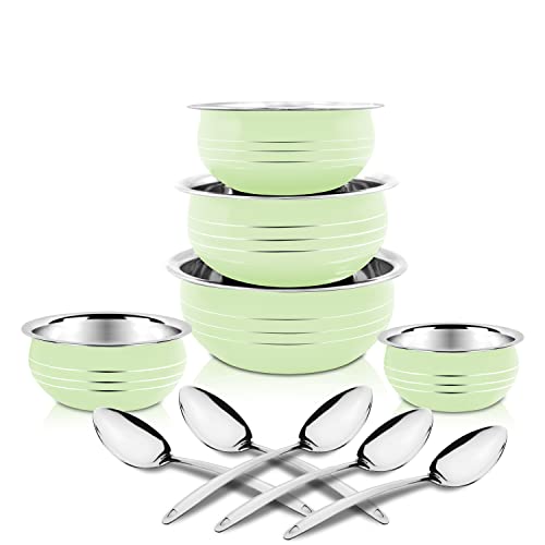 Classic Essentials Stainless Steel Handi/patila/bhagona/biryani Cook & Serve Handi | Induction Bottom Cookware Set | 300ml, 550ml, 750ml,1100, 1500ml (Light Green) - Image 1