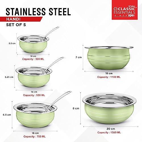 Classic Essentials Stainless Steel Handi/patila/bhagona/biryani Cook & Serve Handi | Induction Bottom Cookware Set | 300ml, 550ml, 750ml,1100, 1500ml (Light Green) - Image 5
