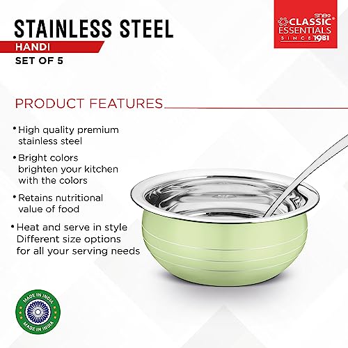 Classic Essentials Stainless Steel Handi/patila/bhagona/biryani Cook & Serve Handi | Induction Bottom Cookware Set | 300ml, 550ml, 750ml,1100, 1500ml (Light Green) - Image 4