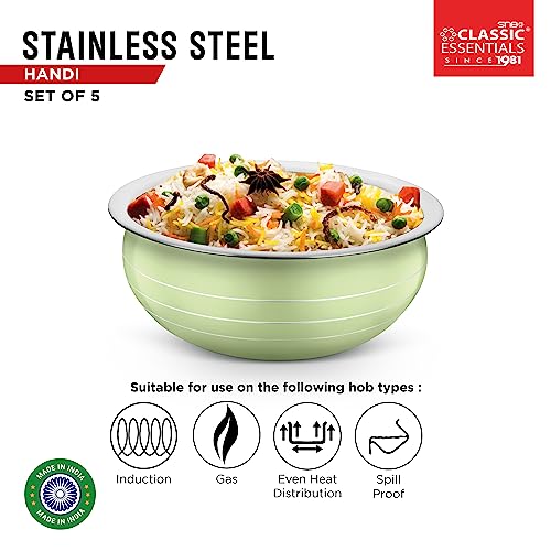 Classic Essentials Stainless Steel Handi/patila/bhagona/biryani Cook & Serve Handi | Induction Bottom Cookware Set | 300ml, 550ml, 750ml,1100, 1500ml (Light Green) - Image 3