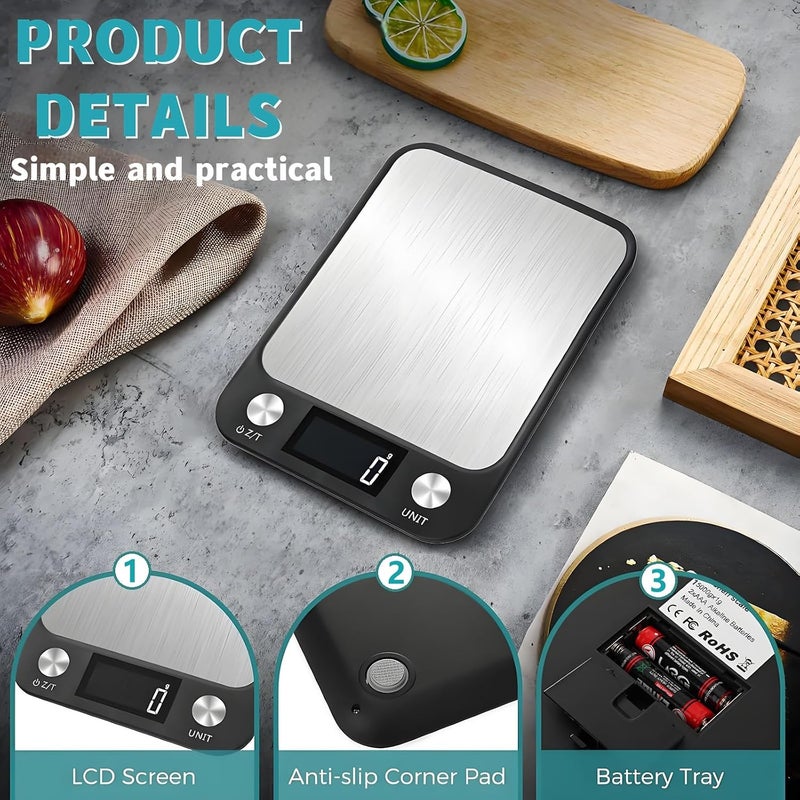 AoMige Digital Kitchen Scale,High Accuracy Rechargeable Food Scale Multifunction Food Weighing Scale Coffee Jewelry Scale with LCD Display,Tare Function,Stainless Surface for Cooking and Baking (15kg/1g) - Image 3