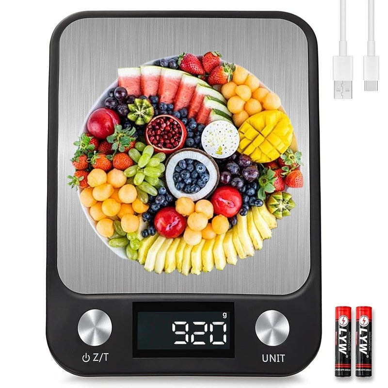 AoMige Digital Kitchen Scale,High Accuracy Rechargeable Food Scale Multifunction Food Weighing Scale Coffee Jewelry Scale with LCD Display,Tare Function,Stainless Surface for Cooking and Baking (15kg/1g) - Image 1
