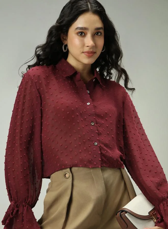 Outzidr  Maroon Dobby Textured Shirt for Women | Best Price UAE