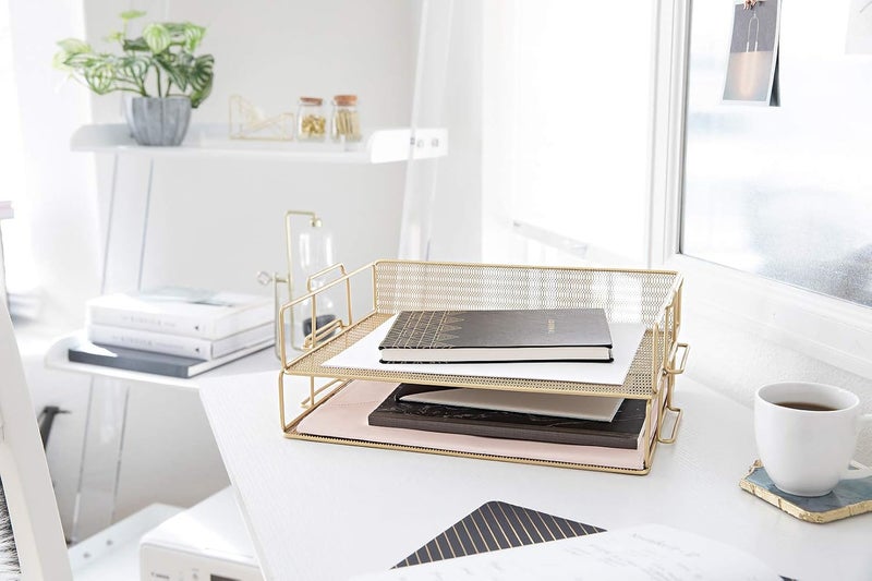 Blu Monaco Gold Desk Organizer Stackable Paper Tray Set of 2 - Metal Wire Two Tier Tray - Stackable Letter Tray - Inbox Tray for Desk - Image 2