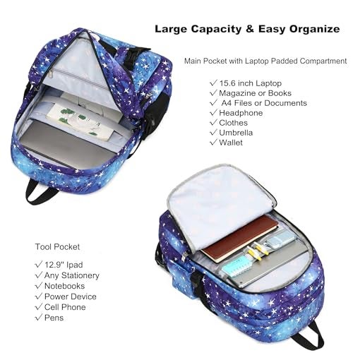 Hidds Laptop Backpacks 16 Inch School Bag College Backpack Anti Theft Travel Casual Daypack Bags Cute Bookbags Large Colorfull Carry on Back Pack for Teens Girls Women Students (Galaxy Blue) - Image 3