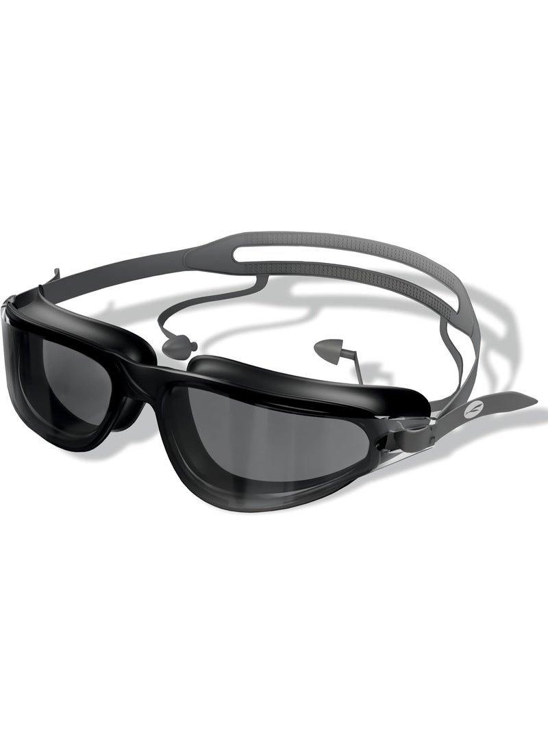 KONEX Anti-Fog Swimming Goggles with UV Protection for Men & Women | Wide Angle View with Anti-Leak Technology | Comes with Attached Ear Plugs | Ideal for Children & Adults (Black) - Image 1