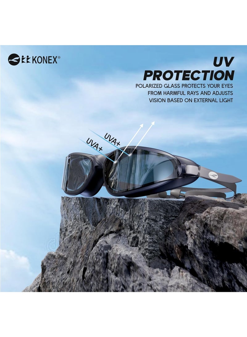 KONEX Anti-Fog Swimming Goggles with UV Protection for Men & Women | Wide Angle View with Anti-Leak Technology | Comes with Attached Ear Plugs | Ideal for Children & Adults (Black) - Image 2