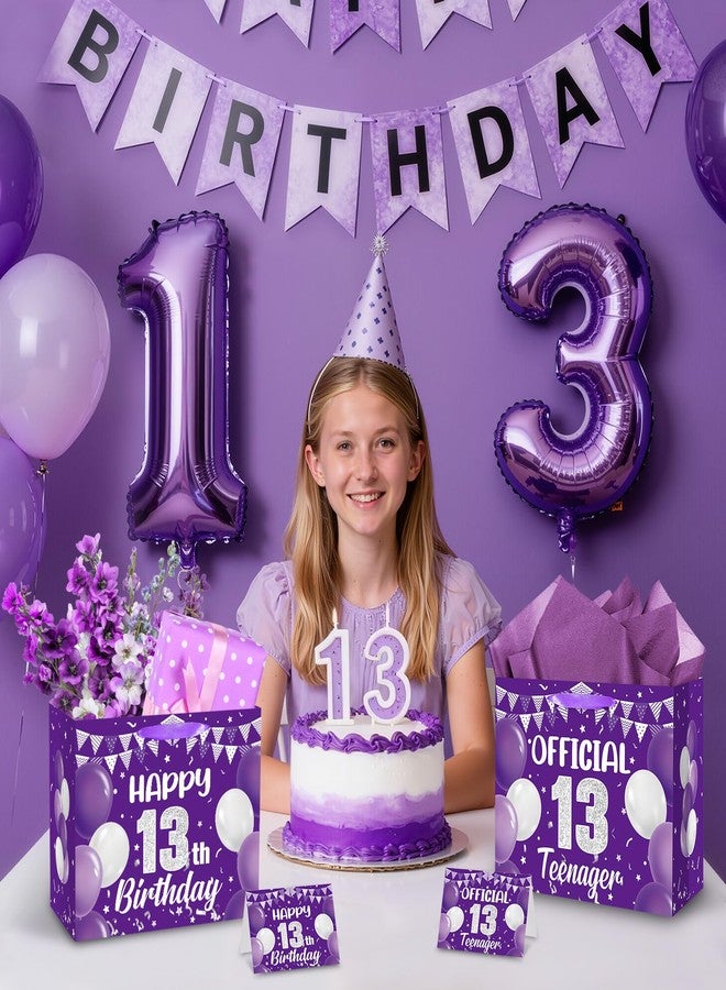 LUUFILx Purple 13th Birthday Gift Bag for Girls Official 13 Teenager Gift Wrap Bags 13 Year Old Girl Wrapping Bag with Handle Tissue Papers Greeting Card for Purple 13th Birthday Decorations Favors Supplies - Image 3