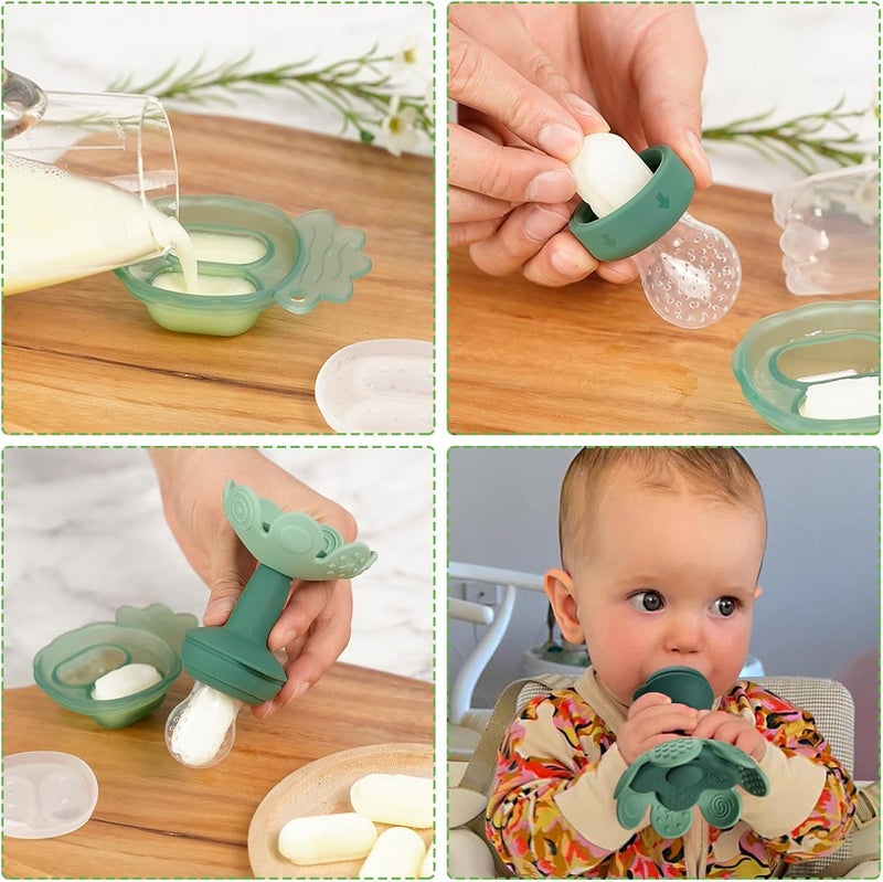 Haakaa Flower Baby Fresh Fruit Food Feeder with Mini Freezer Nibble Tray - Breastmilk Popsicle Mold for Infants 4M+ (Pea Green) - Image 3