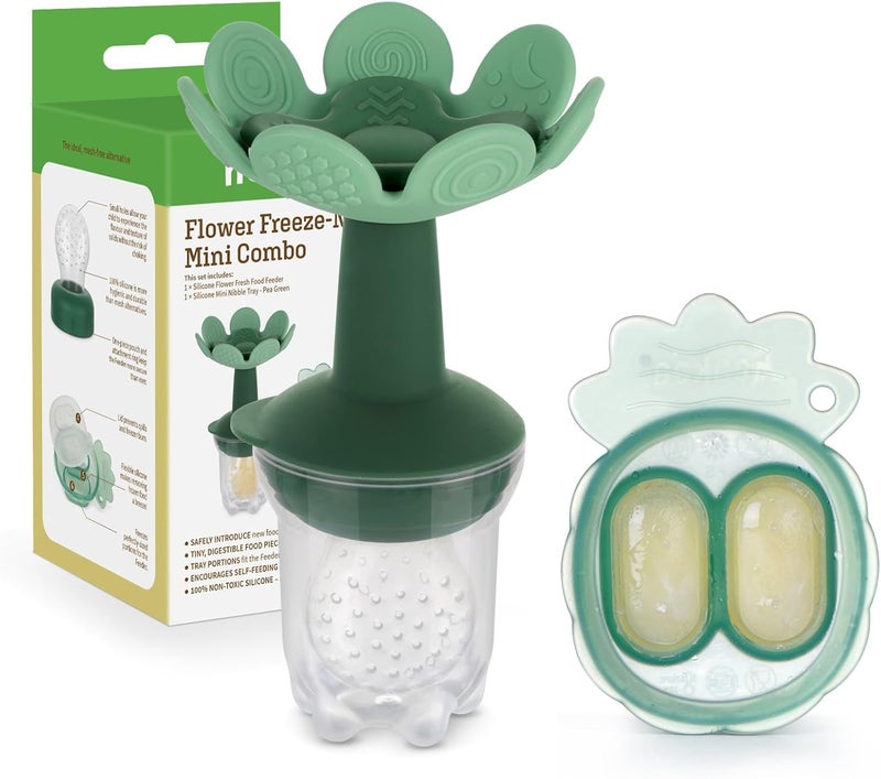 Haakaa Flower Baby Fresh Fruit Food Feeder with Mini Freezer Nibble Tray - Breastmilk Popsicle Mold for Infants 4M+ (Pea Green) - Image 1