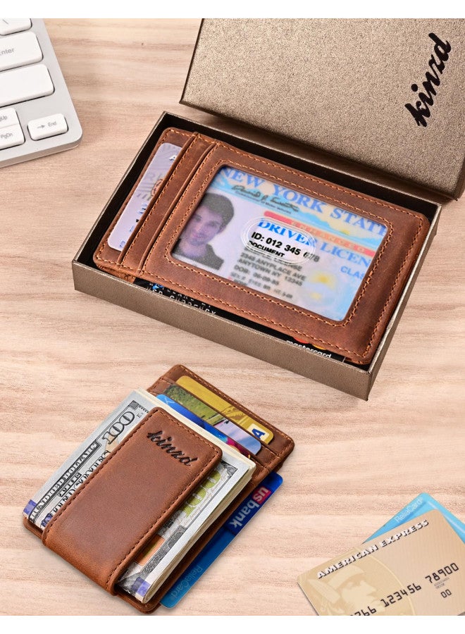 kinzd Money Clip, Front Pocket Wallet, Leather RFID Blocking Strong Magnet thin Wallet (one size,Khaki (Id Window Crazy Horse Leather)) - Image 4
