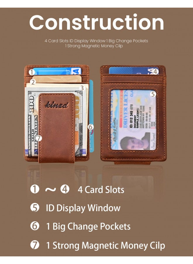 kinzd Money Clip, Front Pocket Wallet, Leather RFID Blocking Strong Magnet thin Wallet (one size,Khaki (Id Window Crazy Horse Leather)) - Image 2