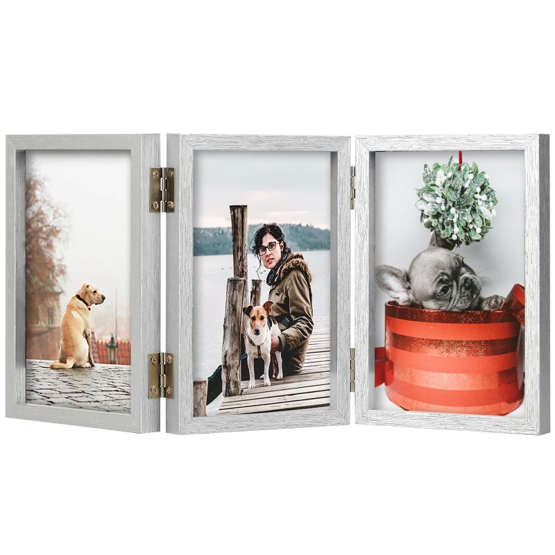 TOFOREVO 4x6 3 Picture Frame Triple Wooden Hinged Photo Frame Definition Glass Stand Vertically on Desktop or Tabletop Silver - Image 1