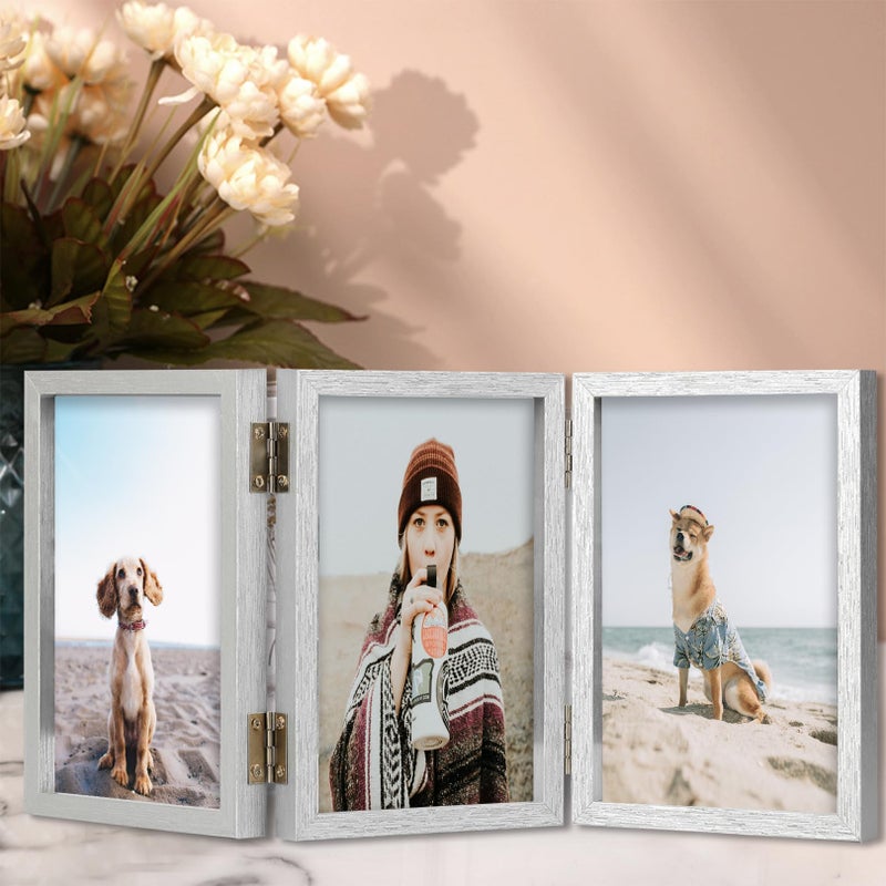 TOFOREVO 4x6 3 Picture Frame Triple Wooden Hinged Photo Frame Definition Glass Stand Vertically on Desktop or Tabletop Silver - Image 4