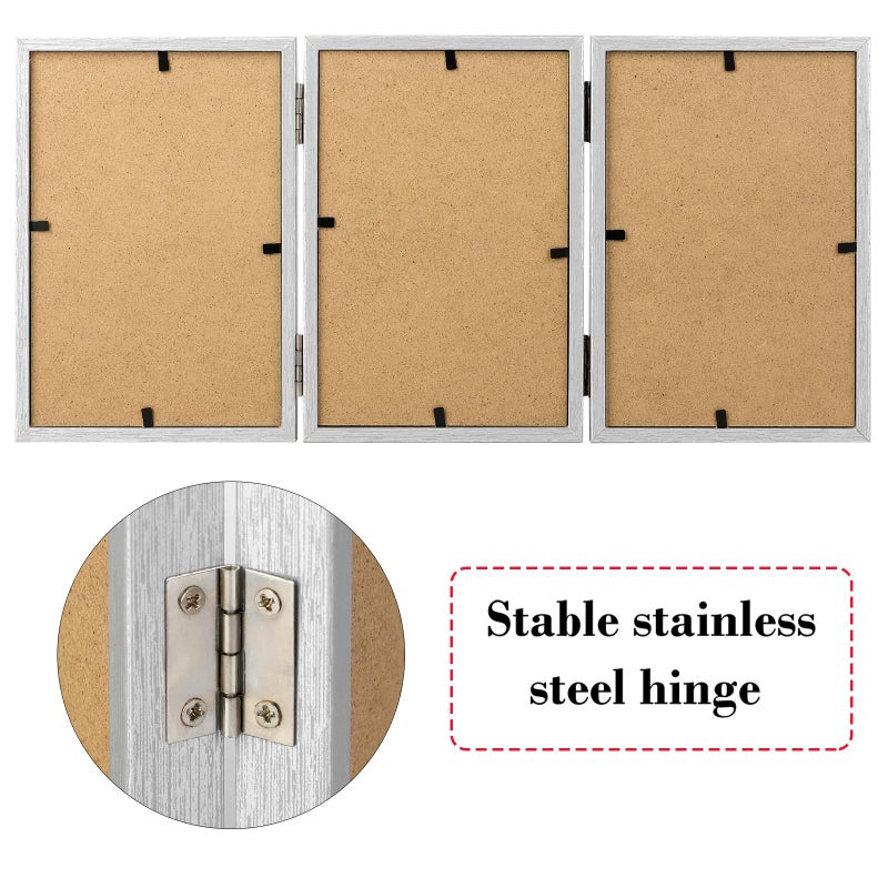 TOFOREVO 4x6 3 Picture Frame Triple Wooden Hinged Photo Frame Definition Glass Stand Vertically on Desktop or Tabletop Silver - Image 3