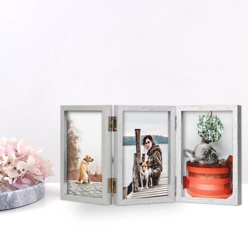 TOFOREVO 4x6 3 Picture Frame Triple Wooden Hinged Photo Frame Definition Glass Stand Vertically on Desktop or Tabletop Silver - Image 5
