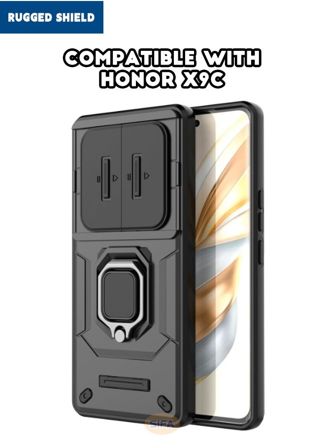 RUGGED SHIELD Honor X9c Case with Slide Camera Cover, Shockproof Heavy Duty Anti Drop Phone Case Cover with Kickstand for Honor X9c 5G, Black  - Image 2